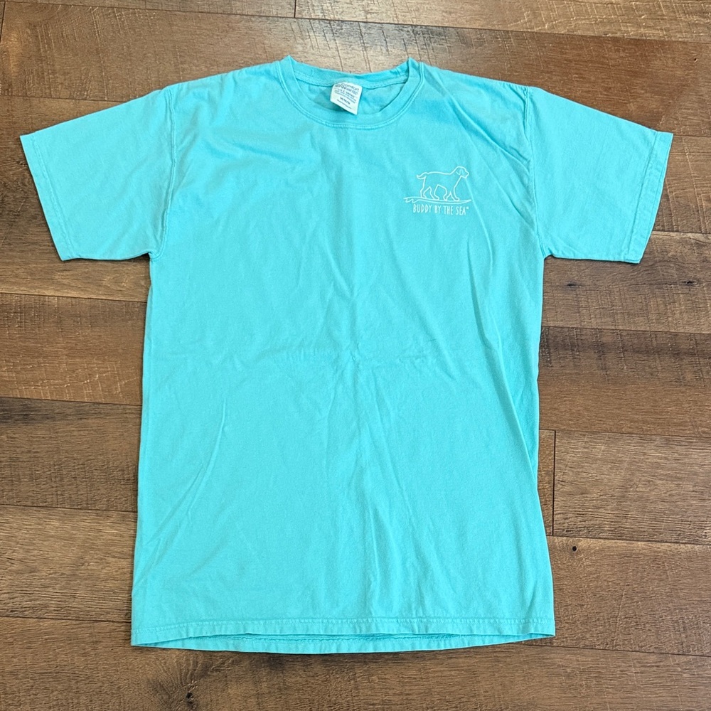 Buddy by the Sea Mint Blue Graphic Tee with Small Dog Logo